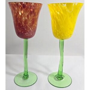 Royal Danube Confetti Tulip Wine Goblet 1 Red drkOrange 1 Yellow Handblown Set 2